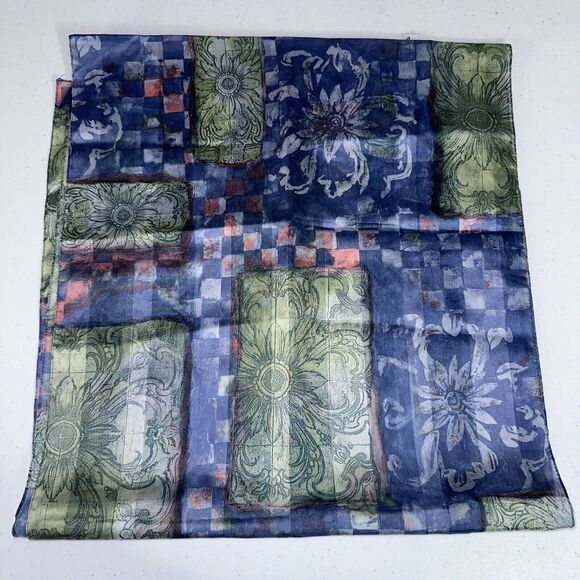 Federico Porta Women’s Floral Checker Scarf Blue Green 62x15 - Picture 1 of 4